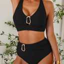 Herseas Women's High Waisted Bikini Sets Crisscross Back Swimsuit V Neck Metal Ring 2026 Summer Bathing Suit Beachwear (Black, L)