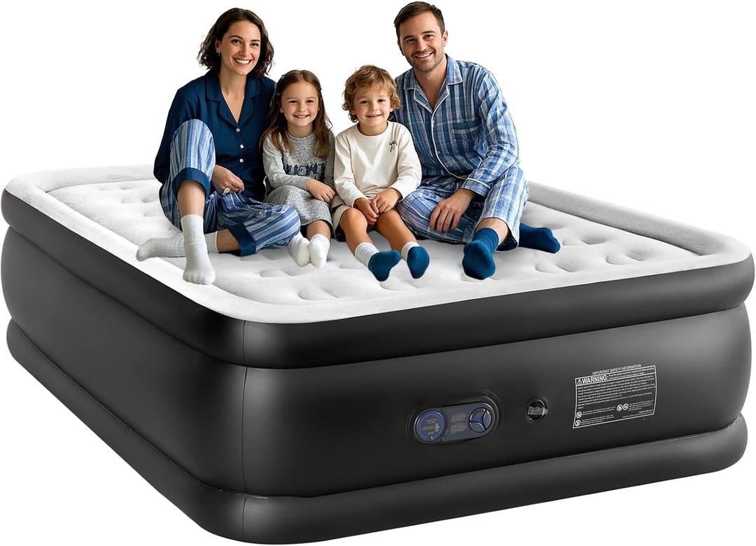 Queen 16" Inflatable Air Mattress with Built-in High Capacity Pump, Foldable Blow Up Mattress with Carrying Bag, Double Height, Non-Slip Bottom, 660 lbs Capacity for Home & Camping