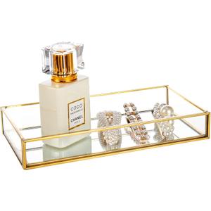Feyarl Small Gold Clear Glass Perfume Tray Vanity Jewelry Trinket Rings Earrings Organizer Tray Collection Display Decorative Tray for Dressr Drawer Office Tabletop (7.87Inch) (7.9" x 3.9" x 1.2")