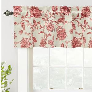 DriftAway Freda Jacobean Floral Linen Blend Blackout Thermal Insulated Energy Saving Privacy Window Linen Curtain Valance Rod Pocket 2 Layers Single 52 Inch by 14 Inch Plus 2 Inch Header Red Beige