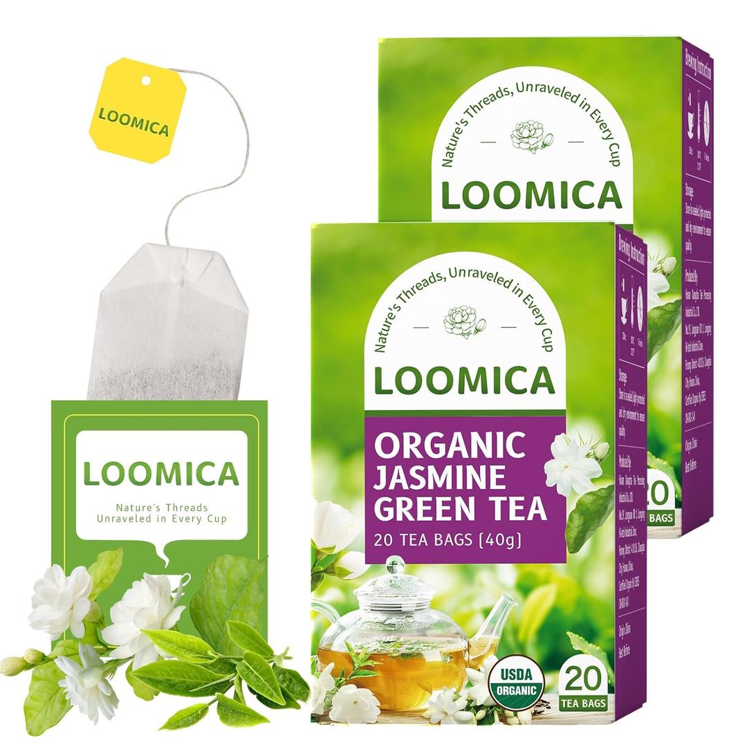 LOOMICA Organic Jasmine Green Tea Bags, Organic Green Tea with Jasmine Flowers, Refreshing & Aromatic, Floral Infusion for Relaxation, No Sugar Added, 20 Counts, (Pack of 2) (EXP 11/26/26)