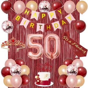 Trgowaul 50th Birthday Decorations for Women, Burgundy Red Rose Gold 50th Birthday Party Supplies, Banner, Sash and Crown, Cake Topper, 50 Number Balloon, Fringe Curtains, 50 Year Old Decoration Set