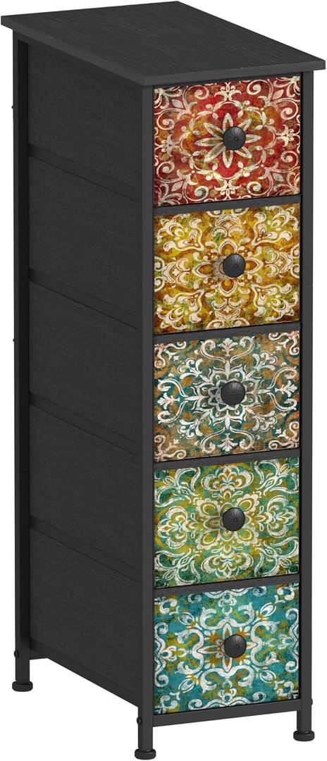 GiftGo Retro Skinny Dresser with Fabric Drawers Thin Slim Boho Mandala Flower Chest of Drawers Narrow Storage Tower for Small Spaces Gaps Bedroom Beautiful Nightstand Living Room Table, 18.9"D x 9.8"W x 34.7"H (5 Drawers), Narrow Mandala