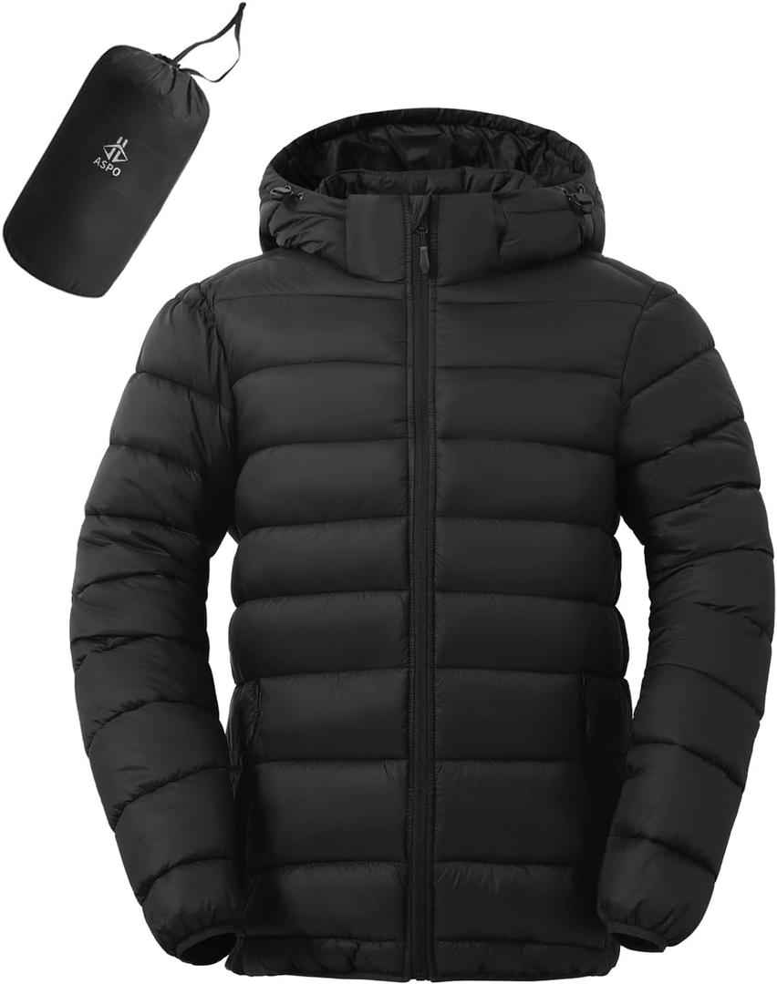 ASPO Men's Packable Puffer Jackets Winter Lightweight Detachable Hood Water-Resistant Down Coats Warm Insulated Hiking Travel (X-Large, Black)