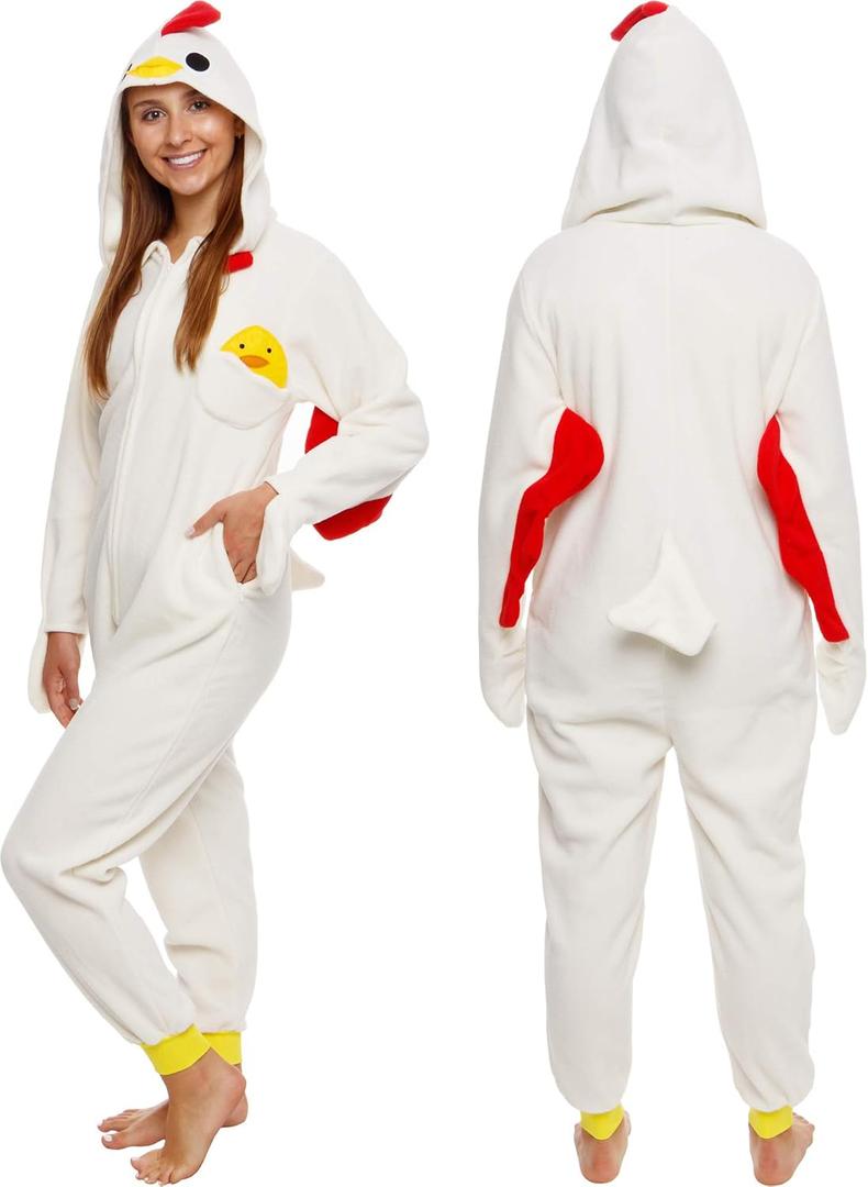 Funziez! Slim Fit Adult Onesie - Animal Costume - Plush Unisex Christmas One Piece Cosplay Suit for Women and Men (L, Chicken)
