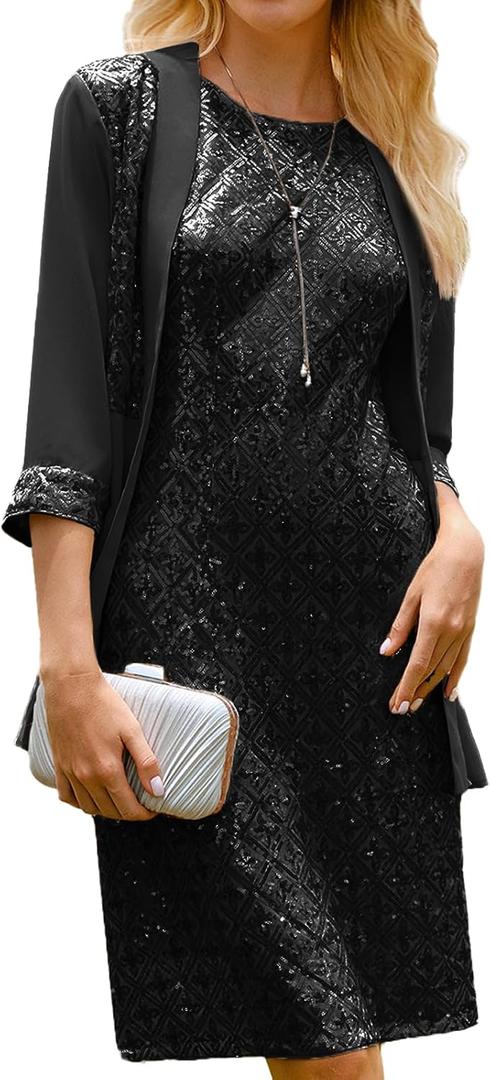 GRACE KARIN Mother of The Bride Dresses,Formal Wedding Guest Dress,Sequin Dress 2 Piece with Jacket Knee Length 2025 (Large, Black)