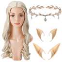 Enhon Halloween Cosplay Set Long Blonde Braid Wig Women with Crystal Leaf Crown and Fairy Ears for Princess Bride Costume(Rose Gold)