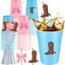 Jingmore 24 Set 16 oz Plastic Cups with Straws, Disposable Party Cups for Birthday Party Theme Parties Beverage Drink Tableware Supplies(Boots or Bows)