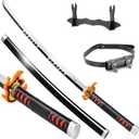 Demon Slayer Sword 41" Full-Set Belt & Stand, Tanjiro Sword Fire Final Form, Wooden Katana for Halloween Prop Costume Anime Cosplay