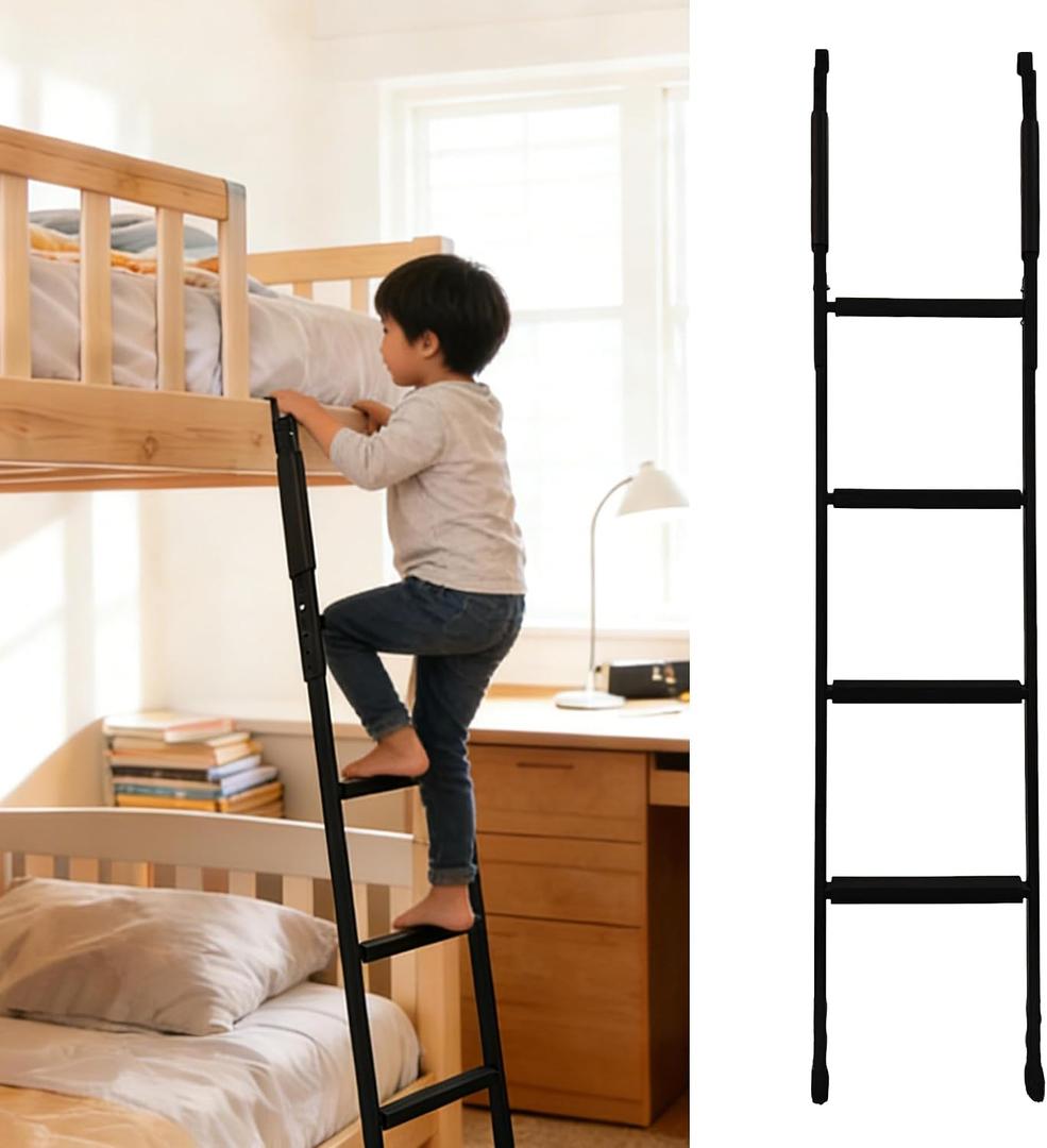 Bunk Bed Ladder Anti-Slip, Heavy Duty Coated Steel Ladder for RV/Loft/Dorm Kid Room Bunkbed, Vertical Bunk Bed Ladder with 51-64 Height Adjustable, Foldable Portable Loft Bed Stairs and 4 Wide Steps