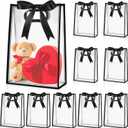 Aliceset 12 Pcs Clear Plastic Gift Bag with Die Cut Handles Reusable PP Flower Bag with Ribbon for Wedding Bridal Birthday Baby Shower Party Small Business, 7x10x3.15 Inch(Black)