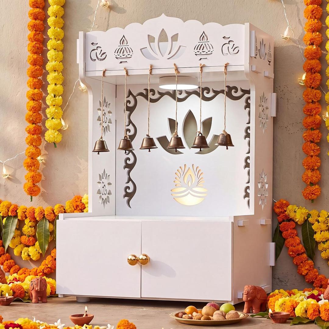 Pinkunn Large Wooden Pooja Mandir for Home White Pooja Temple Cabinet with Focus Light and Storage Shelf 22.8 x 15.3 x 12.3 Inch Hindu Festival Decor for Living Room Home Office, 22.83 x 15.35 x 12.32 inches