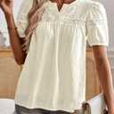 Womens Tops V Neck Short Sleeve Blouses Casual Flowy Button Up Shirts Embroidered Lace Boho Clothing Trendy (XXL)