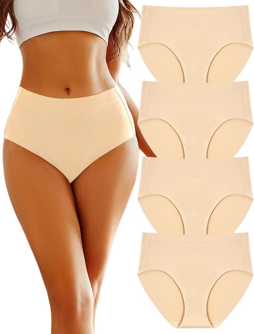 FINETOO Women's High Waisted Seamless Underwear Full Coverage Brief Ladies No Show Panties Sexy Lingerie Regular&Plus, Size(XL) Beige