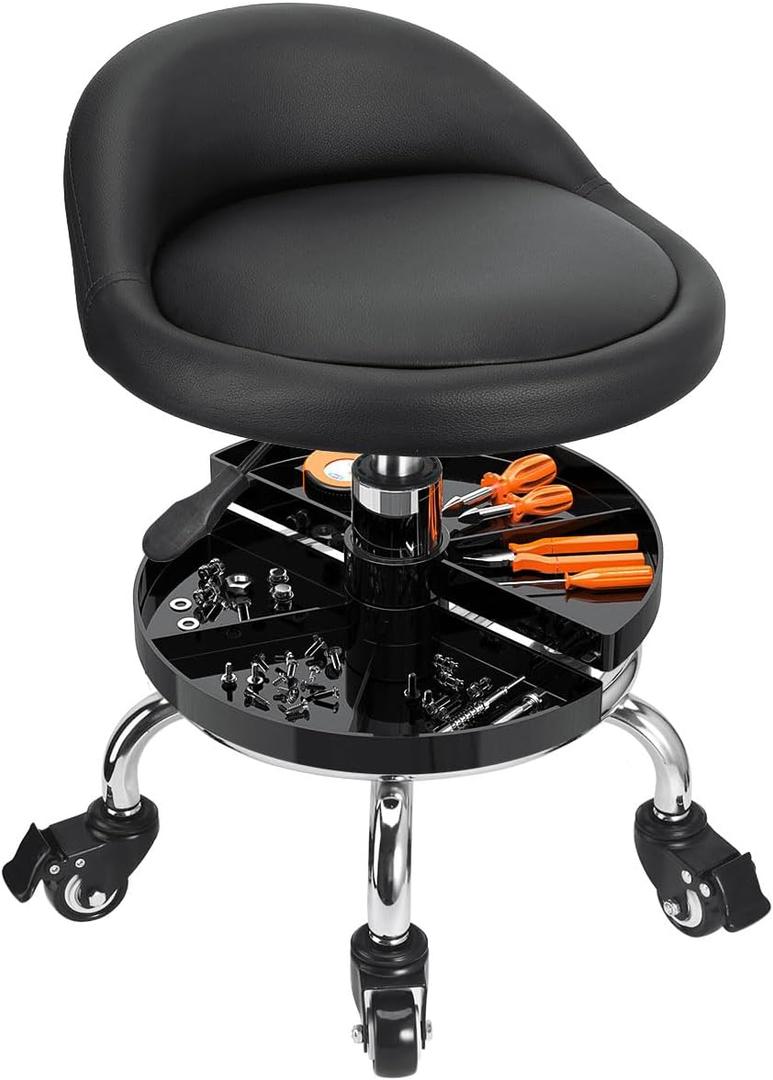 JOSTZHXIN Garage Mechanic Stool Chair Rolling Shop Chair, Height Adjustable Garage Shop Seat, Low Stools with Storage Tray, Rolling Stool for Salon SPA Tattoo (Style 2)