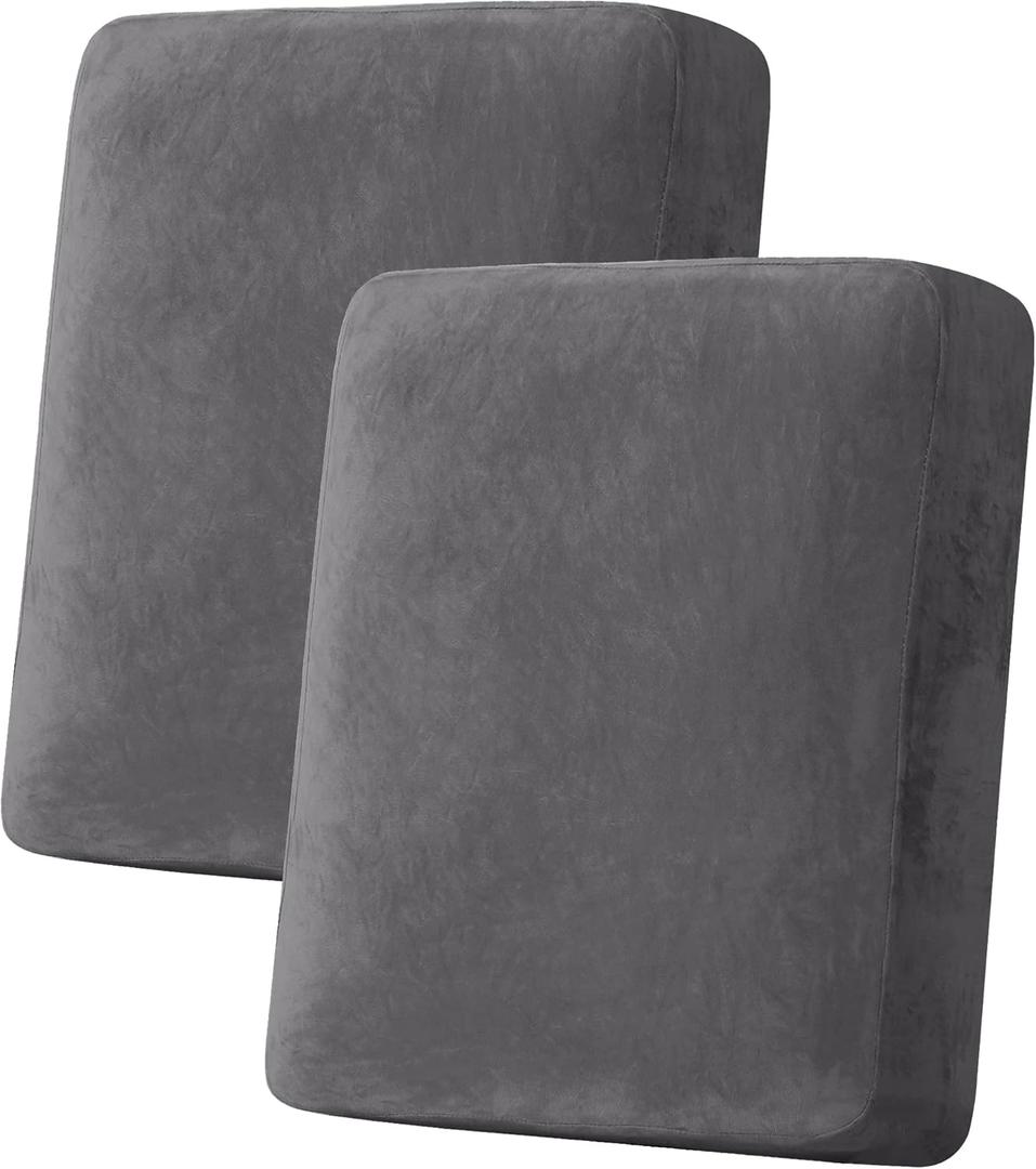 H.VERSAILTEX Velvet Stretch Couch Cushion Cover Plush Cushion Slipcover for Chair Loveseat Sofa Cushion Furniture Protector Seat Cushion Sofa Cover (2 Piece Medium Sofa Cushion Covers, Grey)