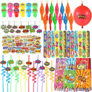 LiYiQ 122 Pcs Party Favors with Punch Balloons, Reusable Straws, Slap Bracelets, Keychains, Stamps, Stickers and Gift Bags for Kids Birthday Party (Style 1)