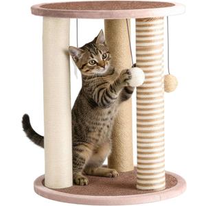 Cat Scratching Post - 3 Scratcher Posts with Carpeted Base Play Area and Perch - Furniture Scratching Deterrent for Indoor Cats by PETMAKER (Brown), Large