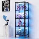 COPREE Glass Display Cabinet with 3-Color LED Light 4-Tier Case4-Tier Display Case with Clear Acrylic Door & Shelves, Matte Black Metal Frame & Leveling Feet for Collectibles & Lego, 12.8"D x 16.5"W x 52.7"H
