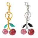 COOLANS  Cute Cherry Bag Charm,Apple Key Ring Clip Handbag Charm,Fruit Novelty Pendant,Purse Decor Keychain for Woman(Double Pink Cherry/Silver & Golden Key 4 PCS)