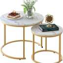 aboxoo Coffee Table Nesting White Set of 2 Side Set Golden Frame Circular Round and Marble Pattern Wooden Tables, Living Room Bedroom Apartment Modern Industrial Simple Nightstand