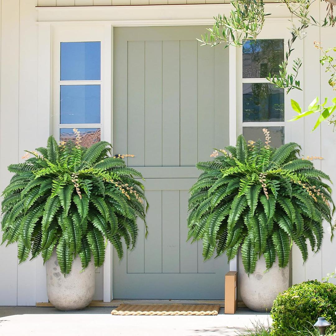 MARTINE MALL 2Pcs 48''/128 Leaves Artificial Ferns for Outdoors Look Real Fake Ferns, Large Faux Boston Ferns for Outdoor Planter Realistic UV Resistant Artificial Fake Plants for Porch Patio Hanging (Green)