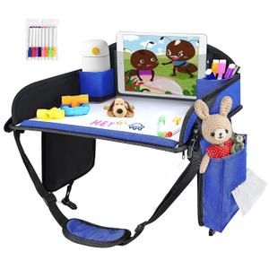 Kids Travel Tray, Kids Travel Trays for Car Seat, Road Trip Essentials for Toddler, Carseat Lap Tray with Dry Erase Board & Storage Organizer for Road Trip Activities for Kid, Blue