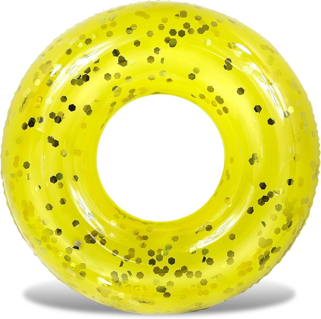 POZA Inflatable Pool Float Tube  Sparkly Confetti Swim Ring, Heavy Duty UV Resistant Inflatable Tube Pool Float for Kids & Adults  Multiple Colors & Sizes  Beach, Lake & Pool Party Float (36", Yellow Gold)