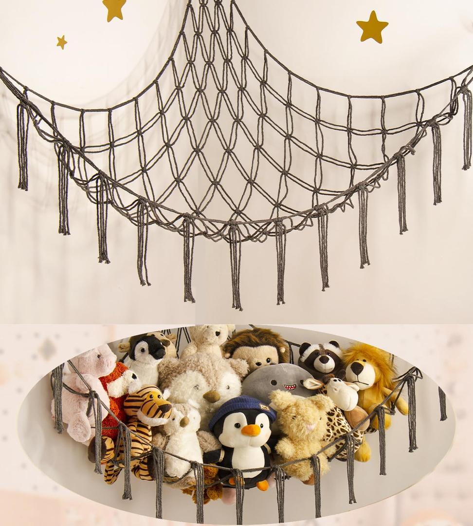 Stuffed Animals Hammock Net Corner-Hanging Stuff Animal Toy Storage Organizer for Plush Plushie Room Bedroom Nursery Decor Toy Storage Organization (Large, Grey)
