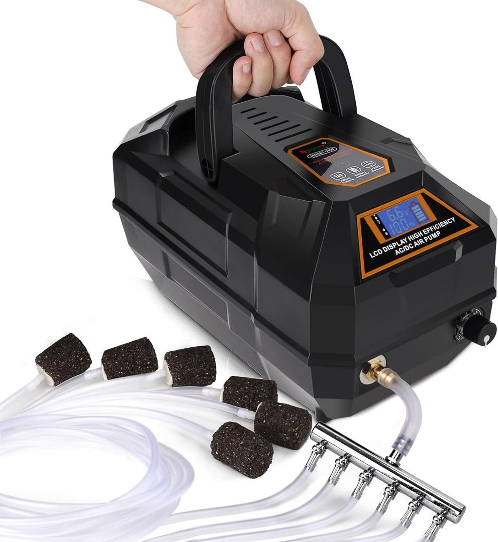 hygger Rechargeable Aquarium Pond Air Pump, Powerful Quiet Commercial Tank Air Pump with Hose Air Stone Check Valve Adjustable Flow Diverter Valve for Fishing Yacht/Power Outages/Hydroponic