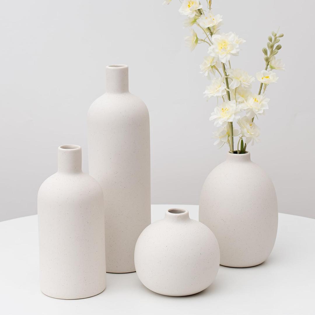 Ceramic Vase Set of 4, Modern Minimalist Colors Home Decor, White Decorative Flowers Vases for Bouquet, Pampas | Table Mantel Centerpiece Bookshelf Living Room Bedroom