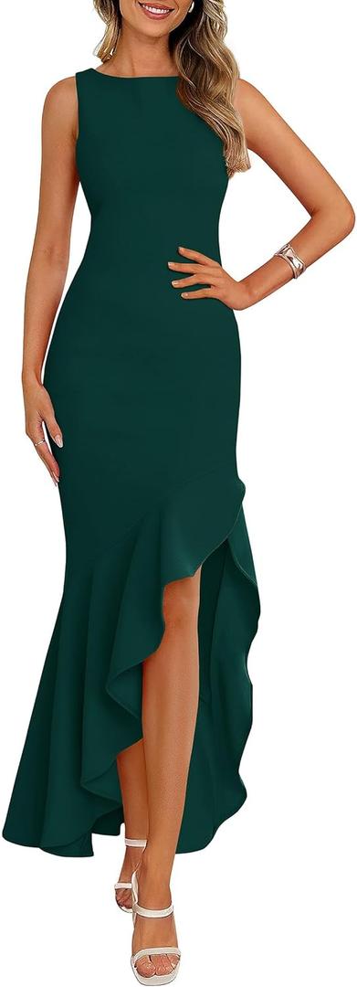 PRETTYGARDEN Wedding Guest Dresses for Women 2026 Summer Formal Gala Maxi Dress Ruffle Mermaid Cocktail Long Dresses (Medium, Dark Green)