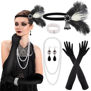 PLULON 1920s Flapper Great Gatsby Accessories Set Fashion Roaring 20's Theme Set (Black, White)