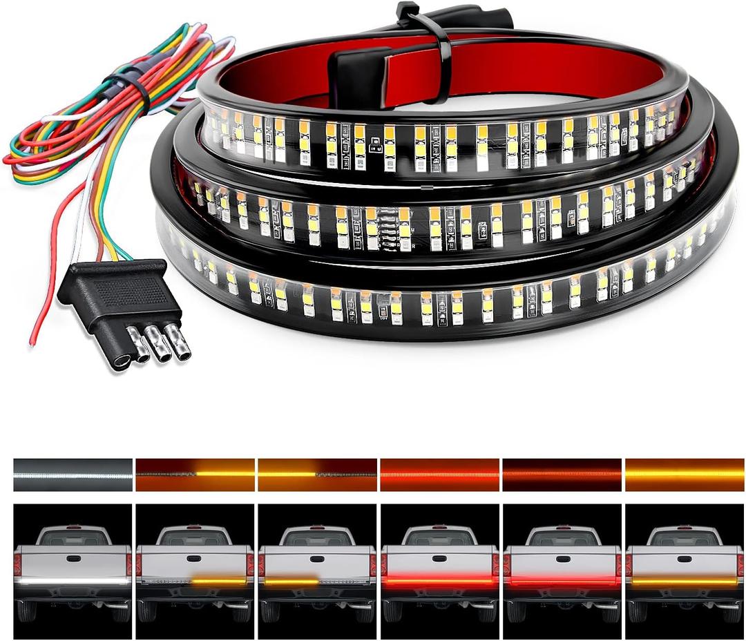 Nilight Truck Tailgate Light Strip 48" Triple Row 360 LED Strip with Red Running Brake Lights White Reverse Light Amber Turning Signals Strobe Lights