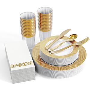 FOCUSLINE 175 Count Gold Dinnerware Set for 25 Guests - Disposable Plastic Plates with Gold Grid, Includes 25 Dinner & Salad Plates, Cups, Napkins, Cutlery Set for Wedding Parties