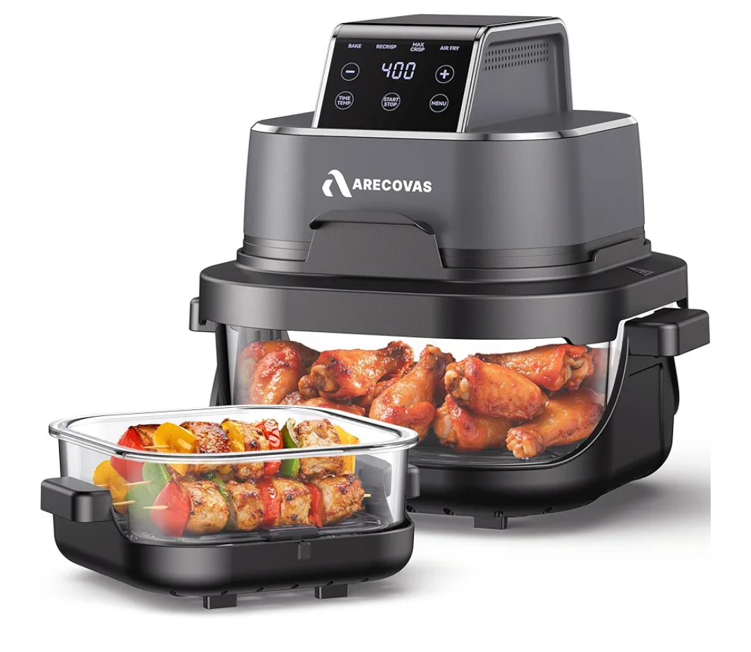 4-in-1 Portable Glass Air Fryer, 140–400°F Precise Heat, Max Crisp Technology, 4.2QT & 1.6QT Dual Containers with Lids, Freezer & Dishwasher Safe, Bake, Recrisp, Air Fry