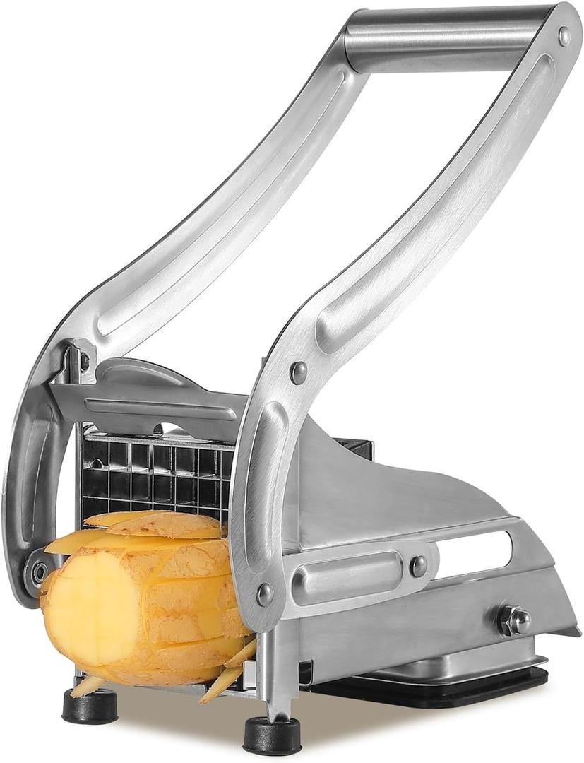 Stainless Steel Potato Slicer & French Fry Cutter - 2 Blades (1/2" & 1/3") for Homemade Fries, Non-Slip Suction Base, Easy Chip & Sweet Potato Maker (Silver)