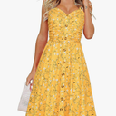 Women's Summer Casual Dress Florals Buttons Down Ruched Sweetheart Neck Sleeveless Midi Sundress, Size Small