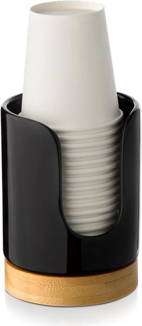 Ceramic Bathroom Cups Dispenser - 3 oz Disposable Paper & Plastic Bathroom Cups Holder - Mouthwash Cups Dispenser for Bathroom, Guest Toiletries, Countertop - BPA Free, Kids Safe (Black) (Set 1)