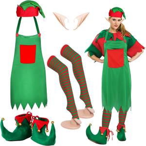 5 Piece Christmas Elf Costume for women Set including Santa Elf Hat, Fairy Elf Ears, Elf Apron, Long Striped Socks, Elf Shoes (5 PCS)