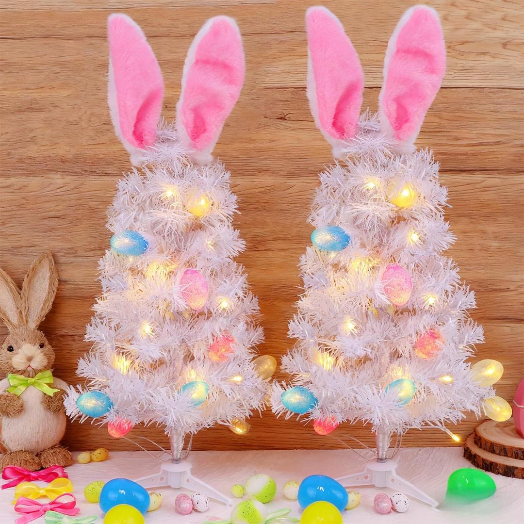 Dynaming 2 Pack Easter Table Decorations, 23 Inch Lighted Easter Bunny White Tree, Pre-lit Artificial Tabletop Tree with Ears & Eggs, Battery Operated Light Up for Indoor Spring Home Bedroom Decor