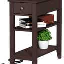 ChooChoo Narrow End Table with Charging Station, Side Table Living Room with USB Ports & Power Outlets and Hidden Drawer, 3-Tier Skinny Nightstand with 2 Open Storage Shelves For Small Place(Espresso), 12" x 24" x 24"