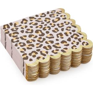 Sparkle and Bash 50 Pack Cheetah Print Scalloped Foil Napkins for Safari Birthday Party Supplies
