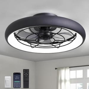 Ceiling Fans with Lights and Remote, 20 Inch Low Profile Ceiling Fans Flush Mount Fan with LED Lights, Small Modern Ceiling Fans with 6 Wind Speeds Dimming for Kids Bedroom Living Room (Black01)