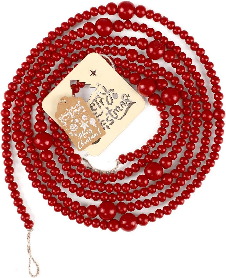 Wood Bead Garland and Vintage Sign for Christmas Home Decoration, 12ft Wood Bead Farmhouse Wall Decoration, Red Berry Garland for Christmas Tree Decoration with Wooden Sign