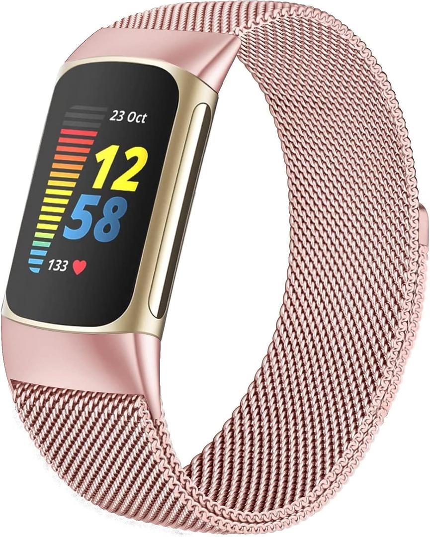 Surundo Compatible with Fitbit Charge 6/Charge 5 Bands for Wmen Men, Metal Mesh Milanese Loop Adjustable Strap Replacement for Fitbit Charge 6/Charge 5 Advanced Fitness & Health Trackers