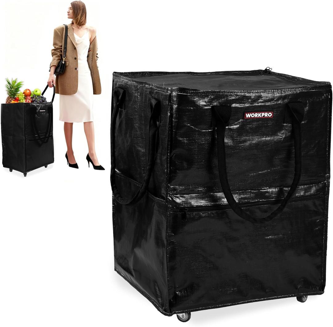 WORKPRO Large Rolling Grocery Bag, 36-Gallon Tote with 5 Wheels, 264 lbs Capacity, Dual Carry, Wide Zipper & Extra Storage for Shopping, Laundry & Moving (Black)