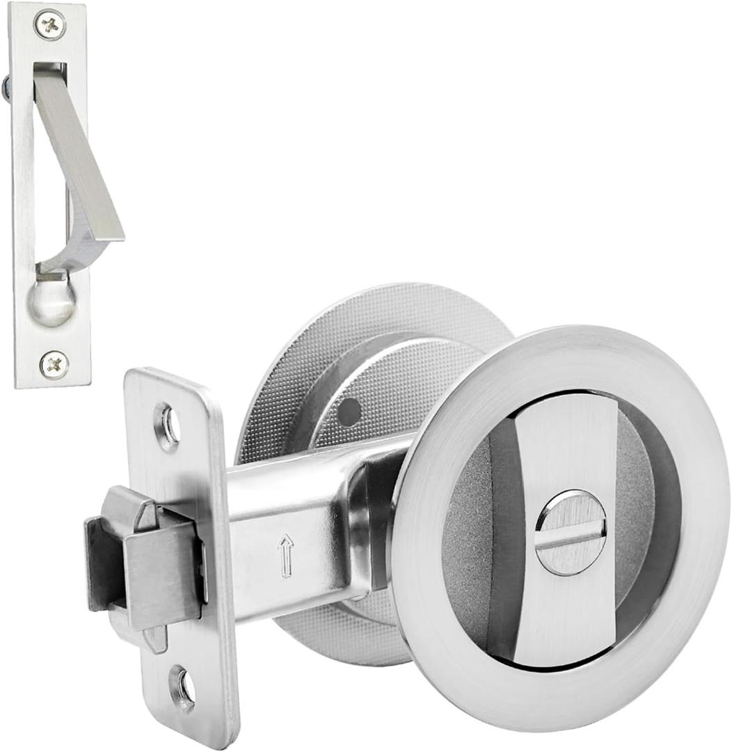 Dontay Pocket Door Lock, Color Coded Indicators, Privacy (Bed/Bath) Handles Latch, 2-3/8" Backset, Hardware for 1 3/8 to 2 3/16 Thickness Door (Including Edge Pull, Brushed Nickel, Round - 1 Pack)