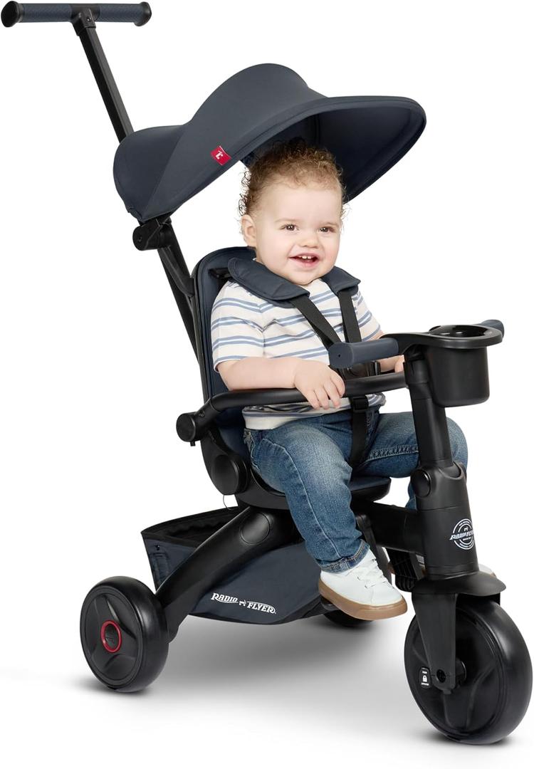 Radio Flyer Coast Folding Stroller Trike, for Kids 6 Months3 Years | Stroller Tricycle for Toddlers, Lightweight, Compact, 4 Riding Modes, UV Canopy, 5Point Harness, Safety Bar, Cup Holder
