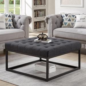24KF Middle Century Upholstered Tufted Coffee Table with Linen Padded Seat, Large Square Ottoman with Black Metal Frame Dark Gray